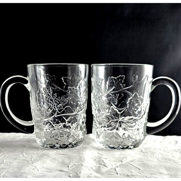 2 Cristal D'Arques Mallory Crystal Mug 4" grape leaves raised relief 10oz emboss - Picture 1 of 10